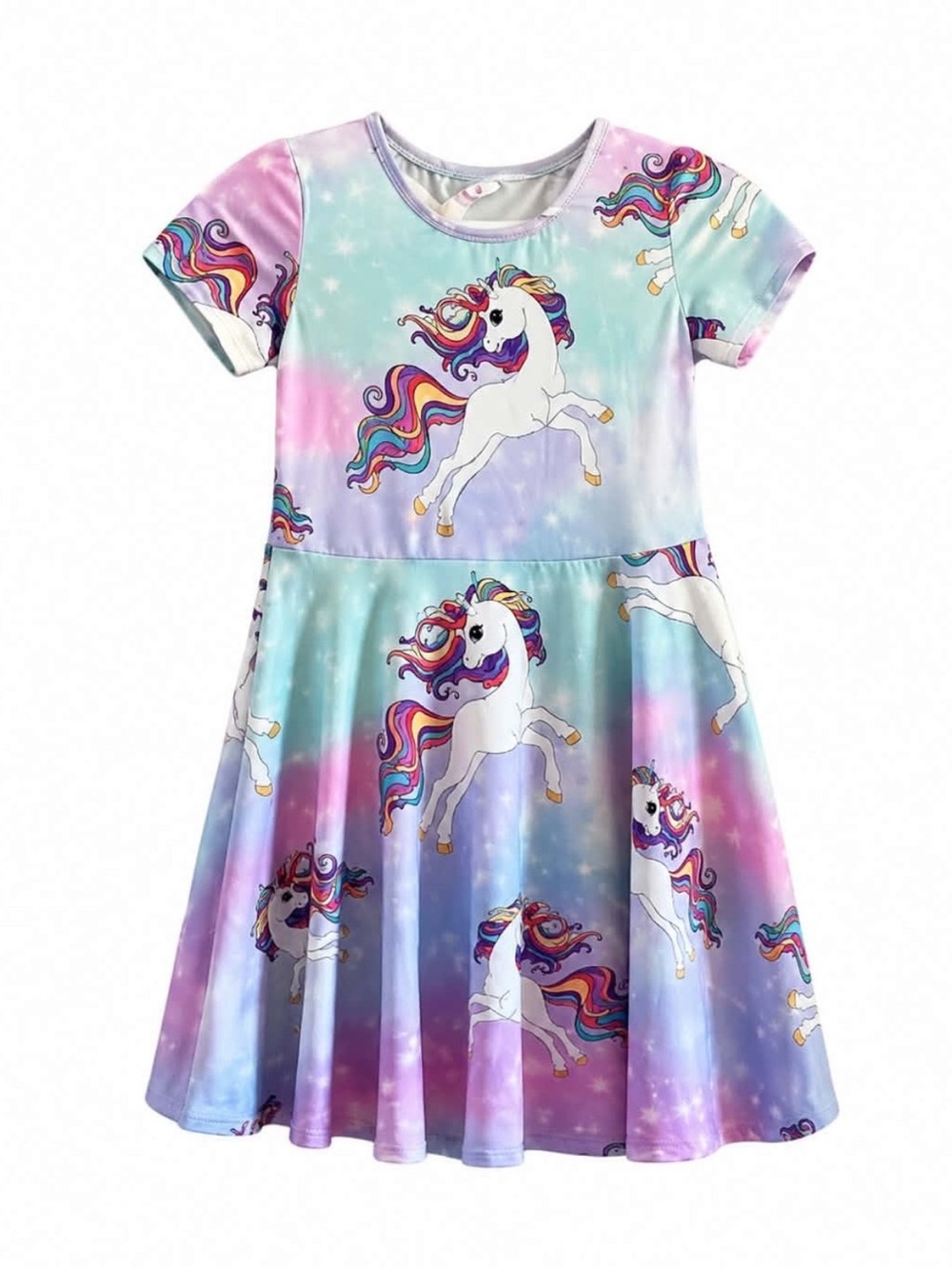 4/$20➡️ Unicorn Print Pastel Rainbow T-Shirt Dress – Size 7 Girls GUC *Flaw